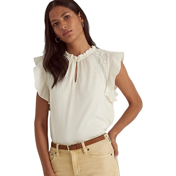 Lauren Ralph Lauren Mascarpone Cream Jersey Flutter-Sleeve Women Blouse - Picture 1 of 10